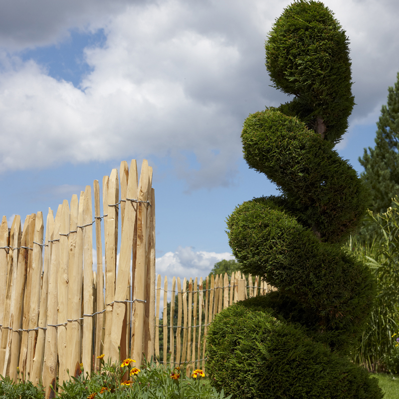 Der französische Staketenzaun aus Kastanienholz ist ein Trendsetter. Mit seinen angespitzten und verdrahteten Hölzern passt er in jeden Garten. Unbehandelt hält der Zaun rund 20 Jahre, ganz ohne Pflege.
